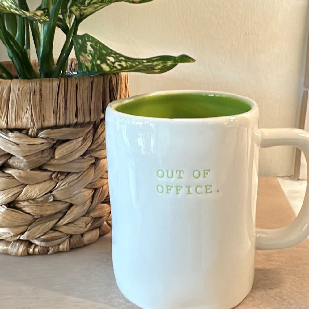 RAE DUNN Out of Office White Mug with Green Interior